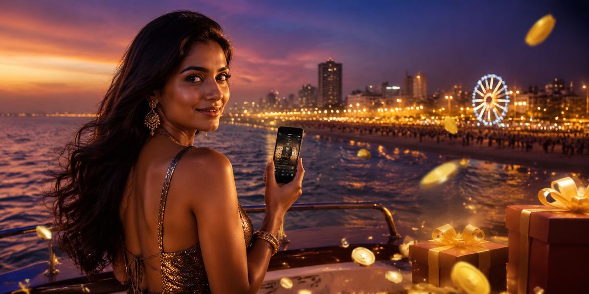 Young woman playing Andar Bahar on mobile at Chennai Marina Beach