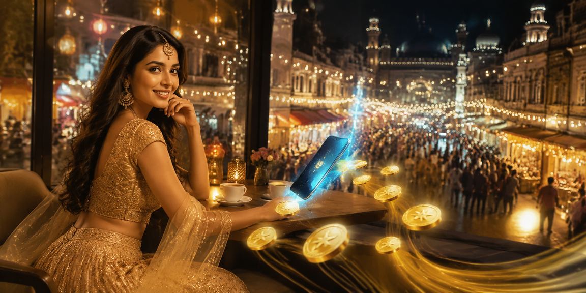 Woman playing live casino games on mobile device in traditional lehenga