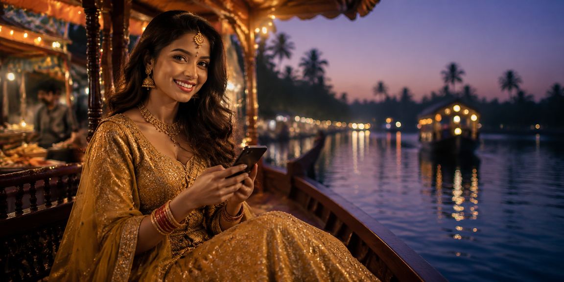 Player enjoying Aviator game on mobile device while traveling in Kerala backwaters