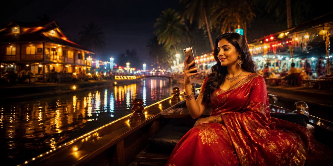 Woman playing Aviator game on mobile phone in Kerala wearing saree